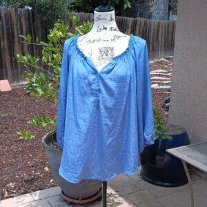 Soft Blue Apt. 9 Peasant Blouse Hippie Smocked Wide Collar 3/4 Sleeve Gypsy